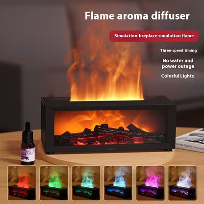 Flame aroma diffuser with colorful lights and a bottle of essential oil on a wooden surface.