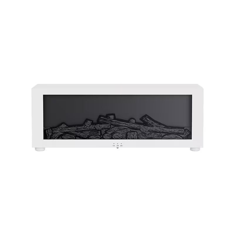 White electric fireplace insert with dark interior and logs on a white background