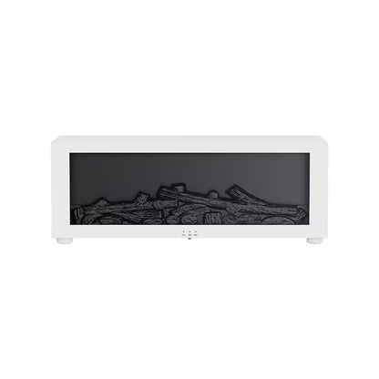 White electric fireplace insert with dark interior and logs on a white background