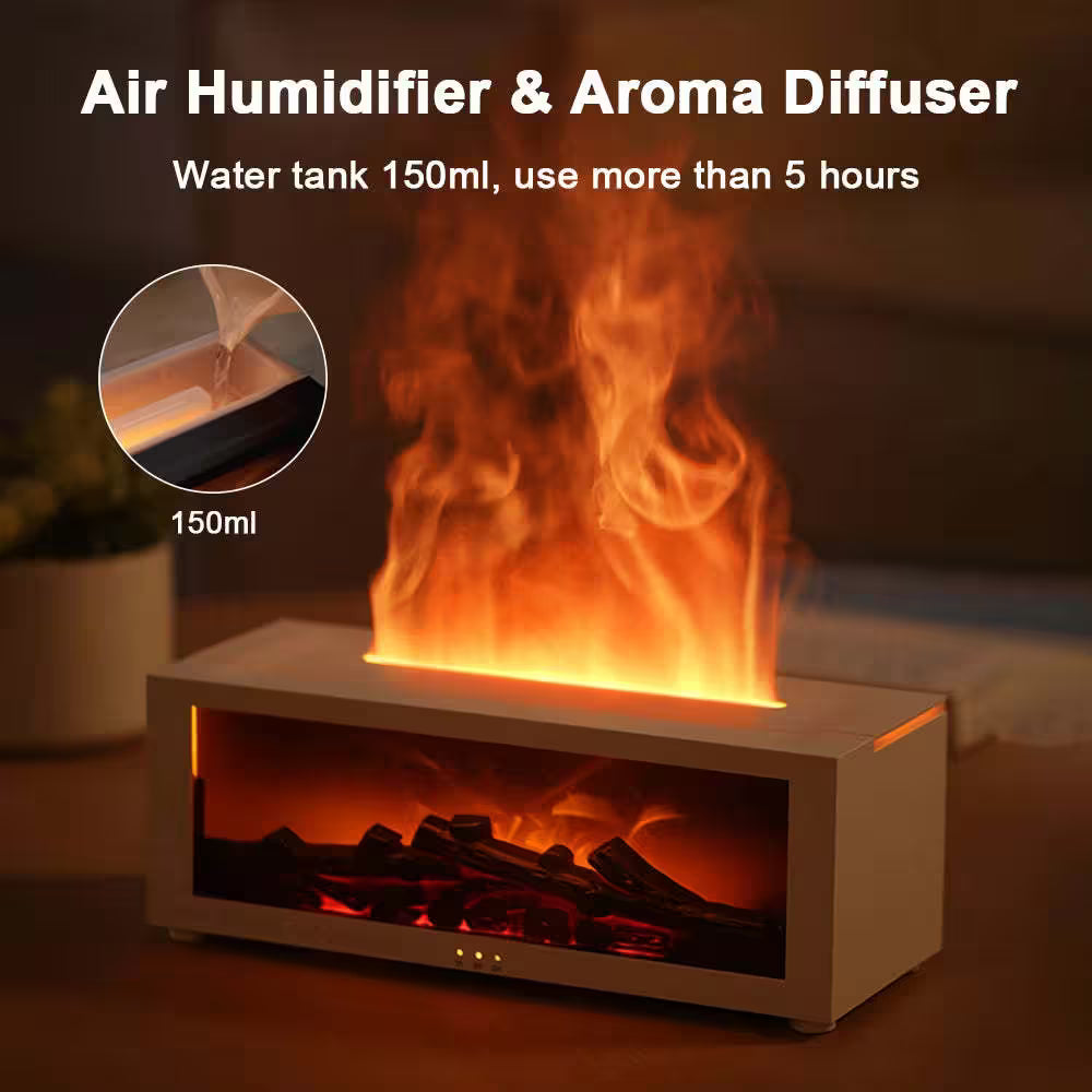Air humidifier and aroma diffuser with flame effect on a dark background
