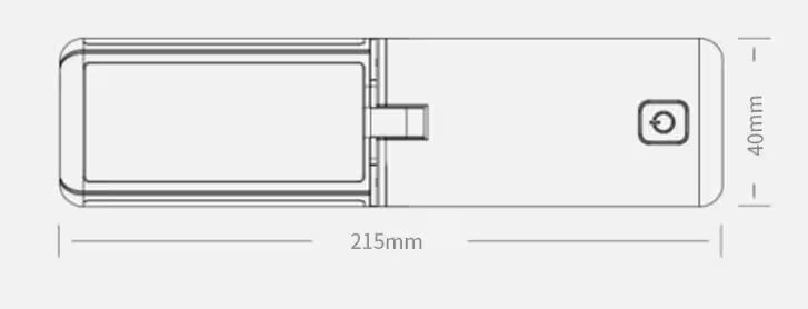 Technical drawing of a rectangular device with dimensions labeled