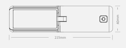 Technical drawing of a rectangular device with dimensions labeled