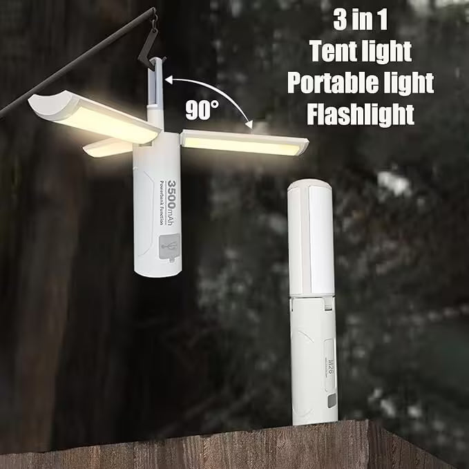 Multi-functional light device for camping with tent light, portable light, and flashlight features.