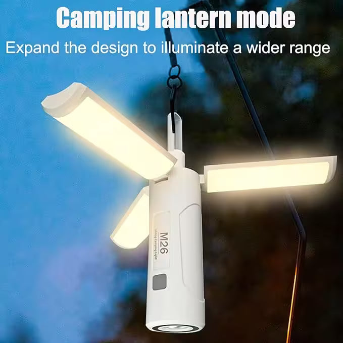 Camping lantern mode with expandable design for better illumination, set against a night sky.