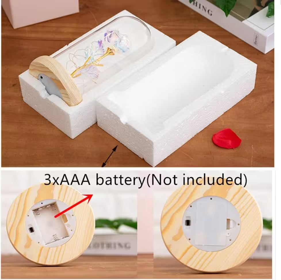 Wooden product with battery compartment on a wooden surface, showing '3xAAA battery (Not included)' text.