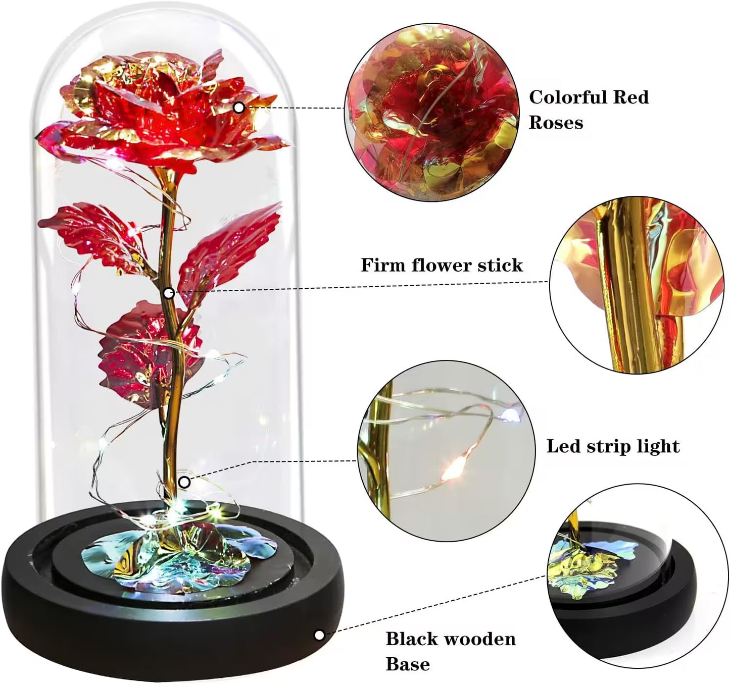 Decorative rose with LED lights inside a glass dome on a black base, with close-up details.