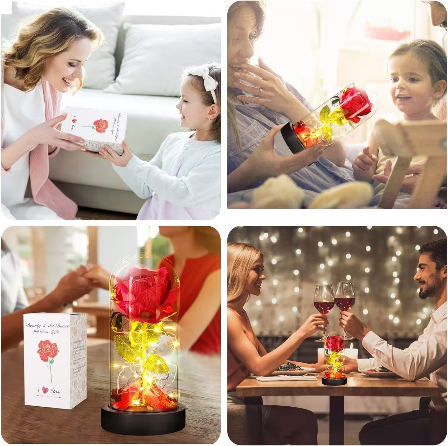 Collage of a woman and child with a gift, a couple with a colorful LED light toy, a woman with a rose in a jar, and a couple at a table with a lit rose.