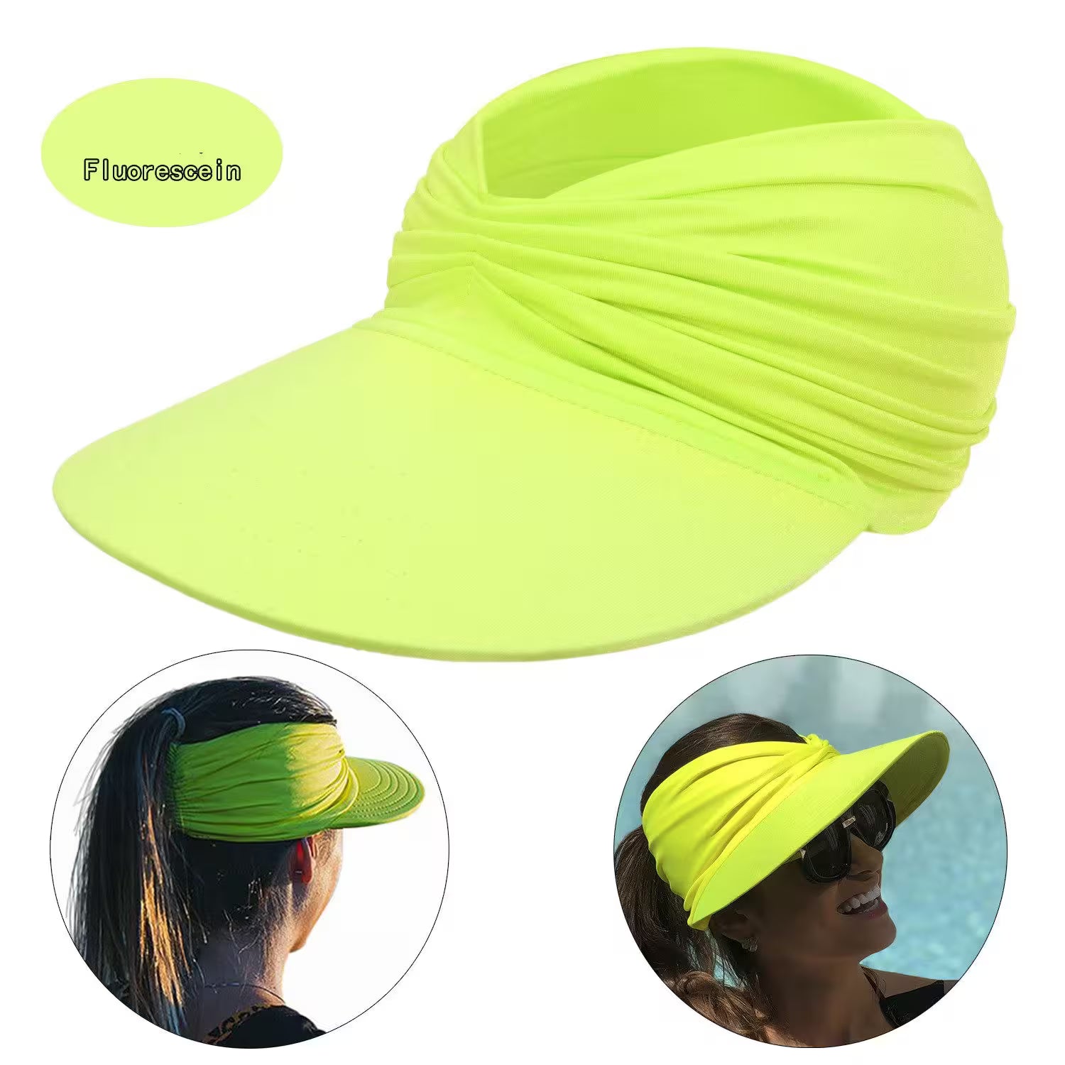 Fluorescent yellow visor cap with side views on a white background
