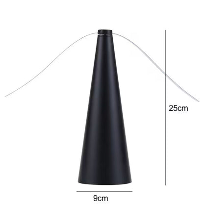 Black cone-shaped object with measurements on a white background