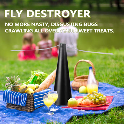 Black fly destroyer product on a picnic blanket with food and people in the background