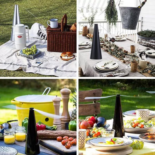 Collage of outdoor dining and picnic scenes with tables, food, and picnic baskets.