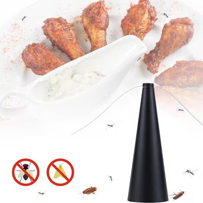 Black cone-shaped insect repeller with fried chicken wings and pest icons on a white background