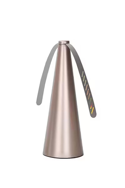 Metallic cone-shaped object with a handle on a white background