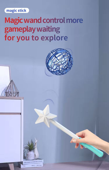 Magic wand with star design held by a hand, hovering over a blue glowing orb against a light blue wall.