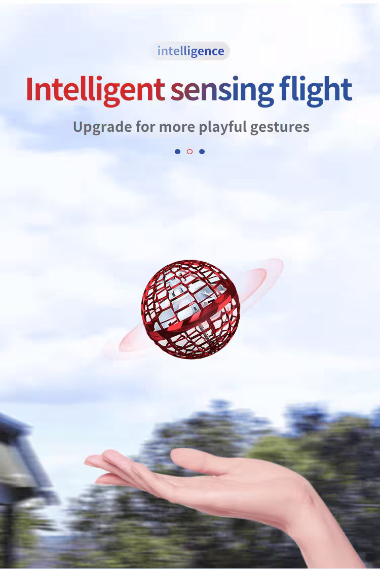 Hand holding a red sphere with 'Intelligent sensing flight' text and imagery of a cityscape in the background.