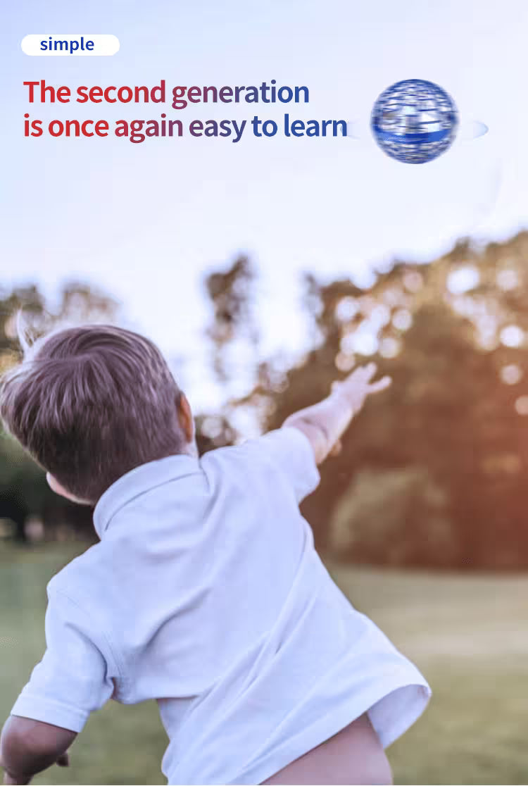 Child playing with a ball in an outdoor setting, with text about the second generation being easy to learn.