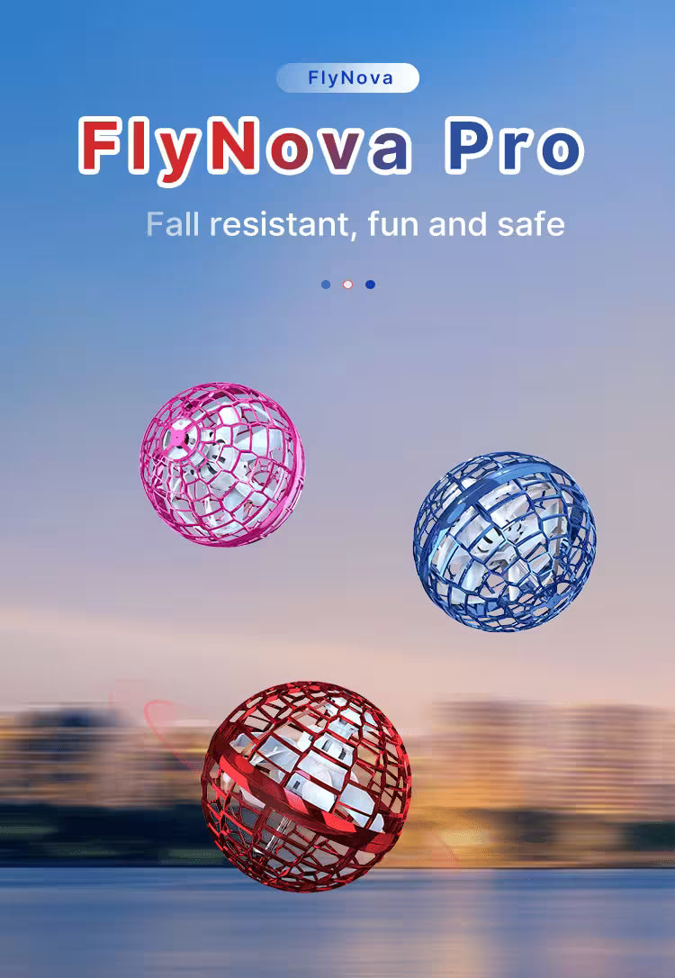 Three colorful spheres with 'FlyNova Pro' branding against a cityscape background.