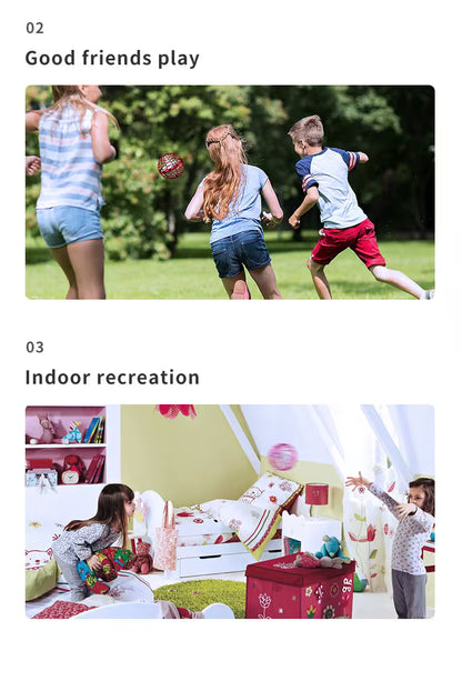 Two children playing outdoors with a ball, followed by two children playing indoors with toys.