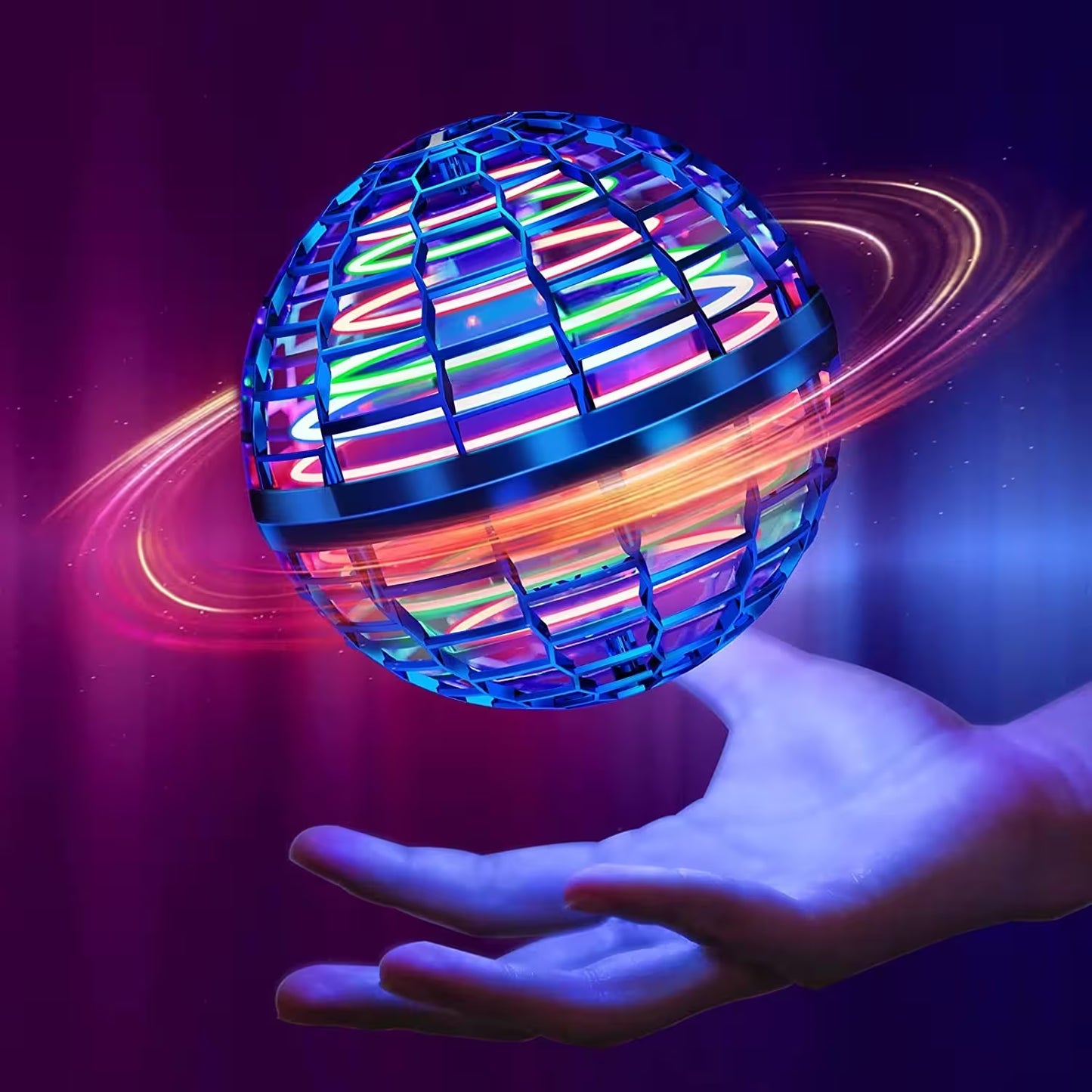 Colorful disco ball held in a hand with a dark background