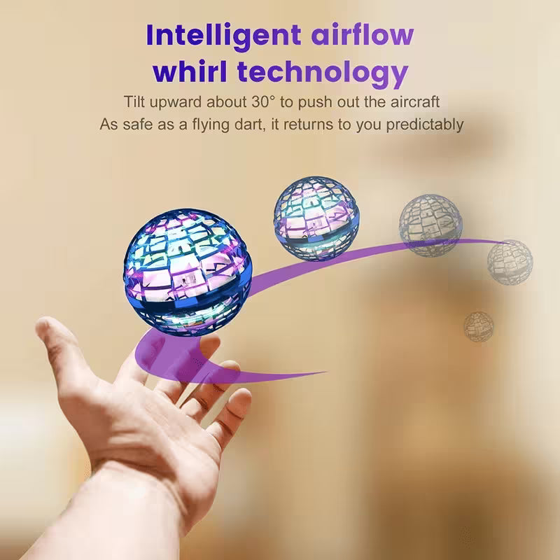 Hand holding a colorful toy with 'Intelligent airflow whirl technology' text on a beige background