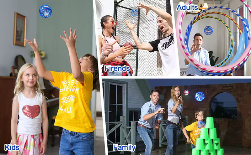 Collage of people playing with hula hoops, including kids, friends, and family.