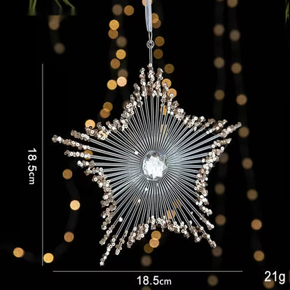 Decorative star ornament with measurements and weight on a dark background