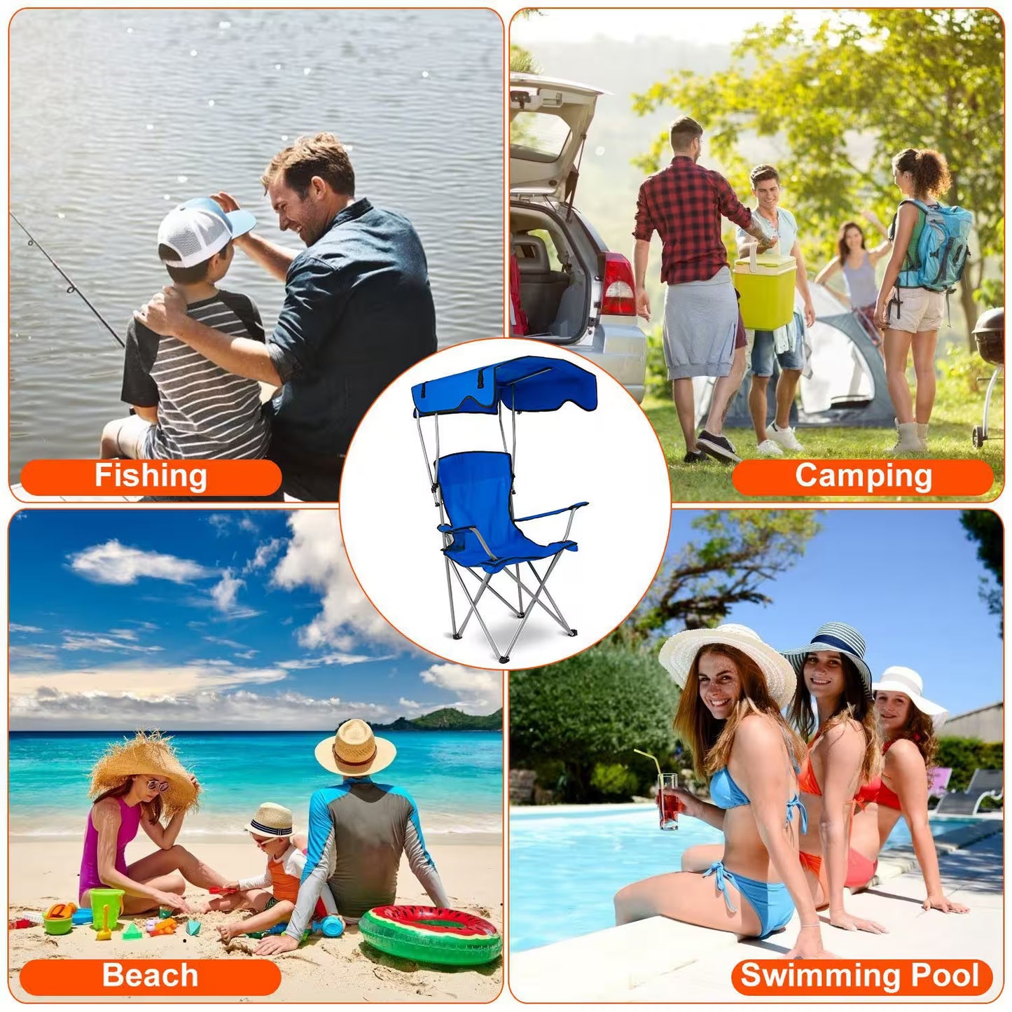 Foldable Camping Chair Heavy Duty With Canopy & Cup Holder, 330LBS Max Load, Folded as a Carry Bag for Beach, Festival & Tailgate