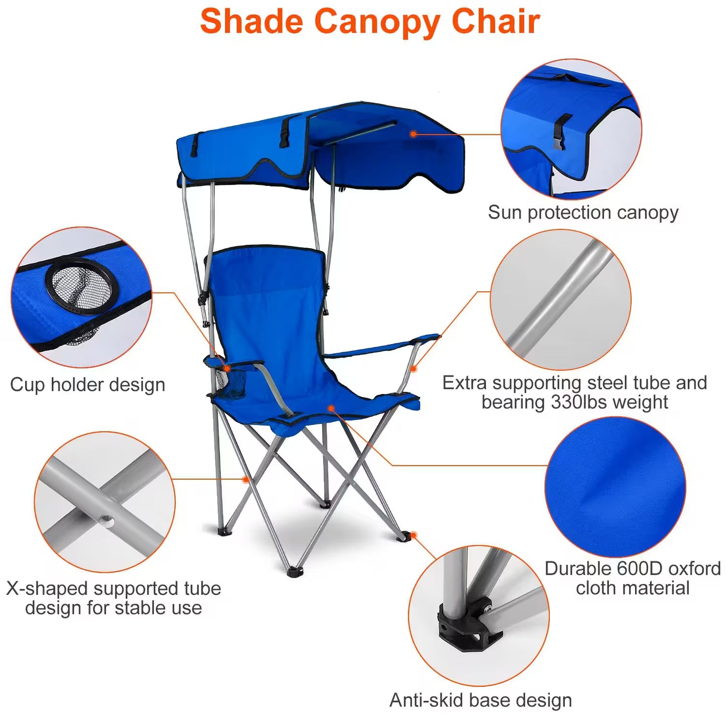 Foldable Camping Chair Heavy Duty With Canopy & Cup Holder, 330LBS Max Load, Folded as a Carry Bag for Beach, Festival & Tailgate