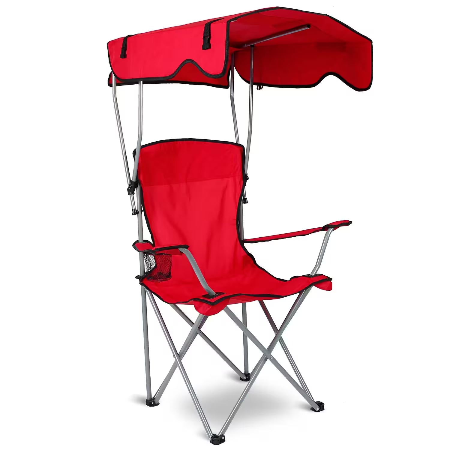Red Foldable Camping Chair Heavy Duty With Canopy & Cup Holder, 330LBS Max Load, Folded as a Carry Bag for Beach, Festival & Tailgate