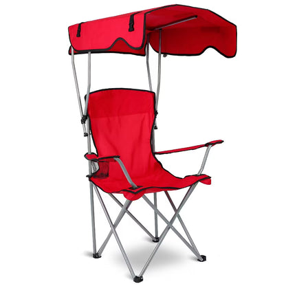 Red Foldable Camping Chair Heavy Duty With Canopy & Cup Holder, 330LBS Max Load, Folded as a Carry Bag for Beach, Festival & Tailgate