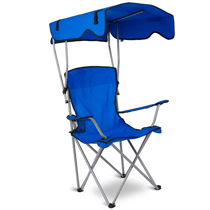 Blue Foldable Camping Chair Heavy Duty With Canopy & Cup Holder, 330LBS Max Load, Folded as a Carry Bag for Beach, Festival & Tailgate