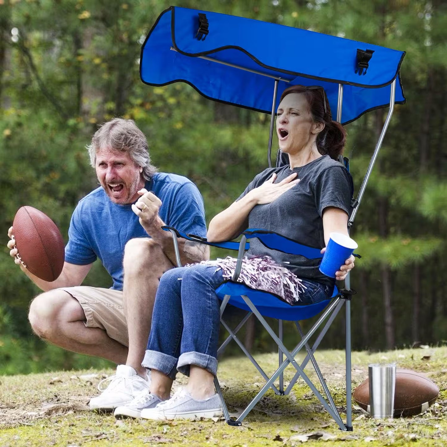 Foldable Camping Chair Heavy Duty With Canopy & Cup Holder, 330LBS Max Load, Folded as a Carry Bag for Beach, Festival & Tailgate