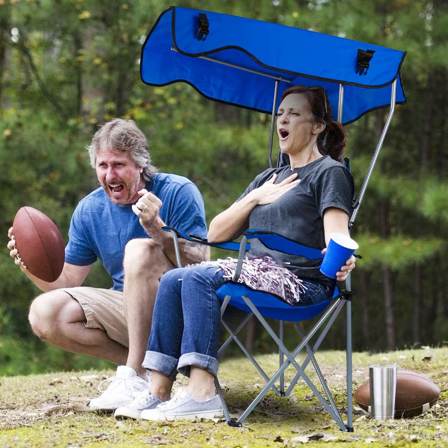 Foldable Camping Chair Heavy Duty With Canopy & Cup Holder, 330LBS Max Load, Folded as a Carry Bag for Beach, Festival & Tailgate