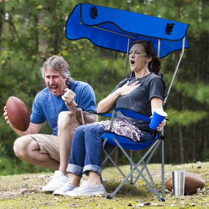 Foldable Camping Chair Heavy Duty With Canopy & Cup Holder, 330LBS Max Load, Folded as a Carry Bag for Beach, Festival & Tailgate