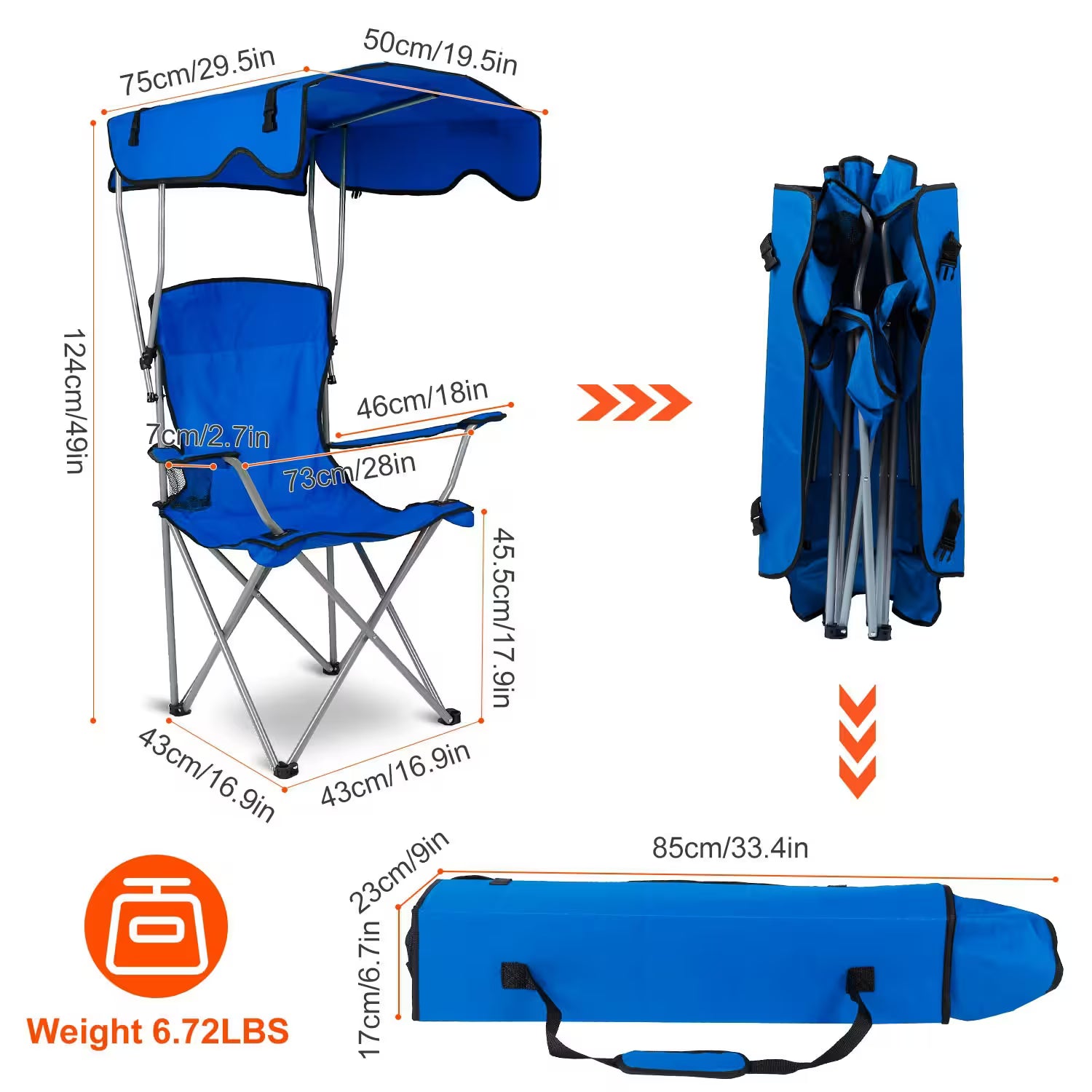 Foldable Camping Chair Heavy Duty With Canopy & Cup Holder, 330LBS Max Load, Folded as a Carry Bag for Beach, Festival & Tailgate