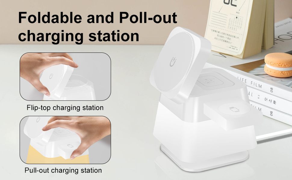 Foldable and pull-out charging station with flip-top feature on a desk.