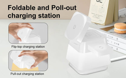 Foldable and pull-out charging station with flip-top feature on a desk.