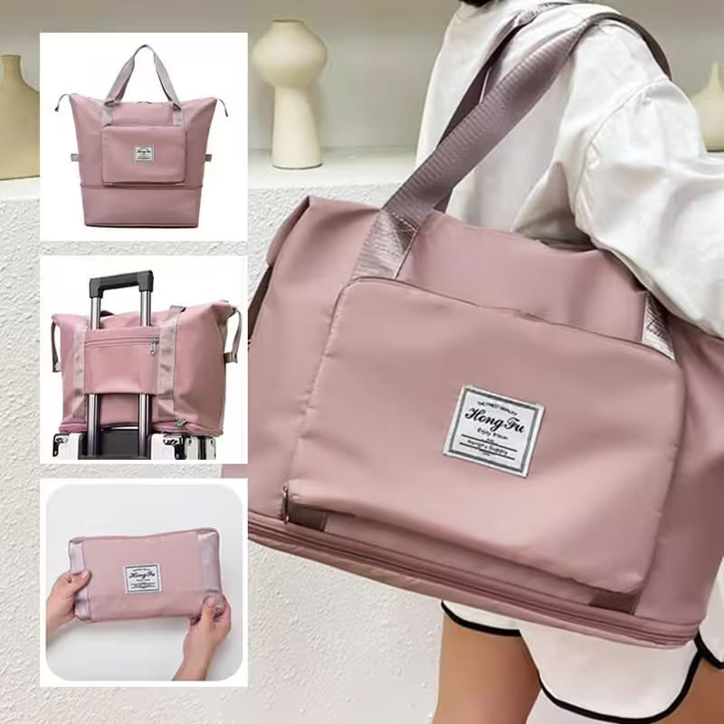 Collage of a pink travel bag with a visible brand label, shown in various settings.