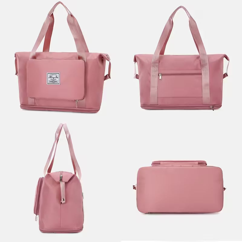 Set of pink bags including a tote, duffel, and small pouch on a light gray background