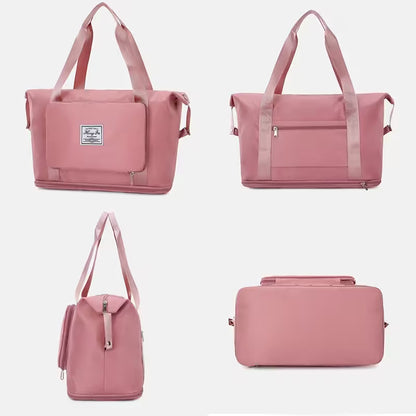 Set of pink bags including a tote, duffel, and small pouch on a light gray background