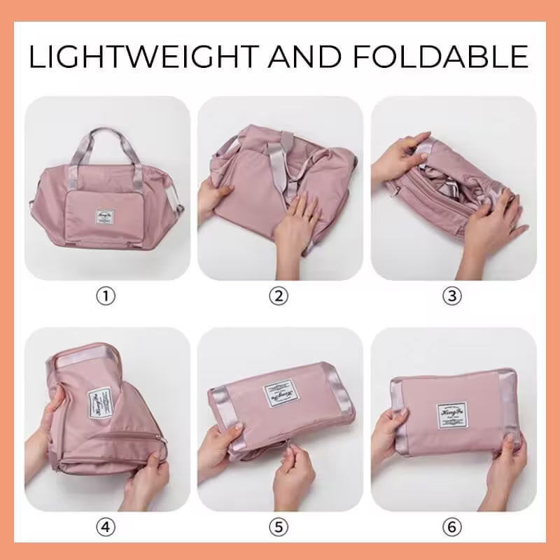 Step-by-step process of folding a pink bag, with text 'Lightweight and Foldable' at the top.