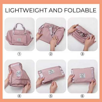 Step-by-step process of folding a pink bag, with text 'Lightweight and Foldable' at the top.