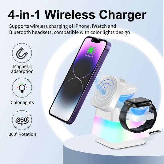 4-in-1 wireless charger with smartphone and smartwatch on a light blue background