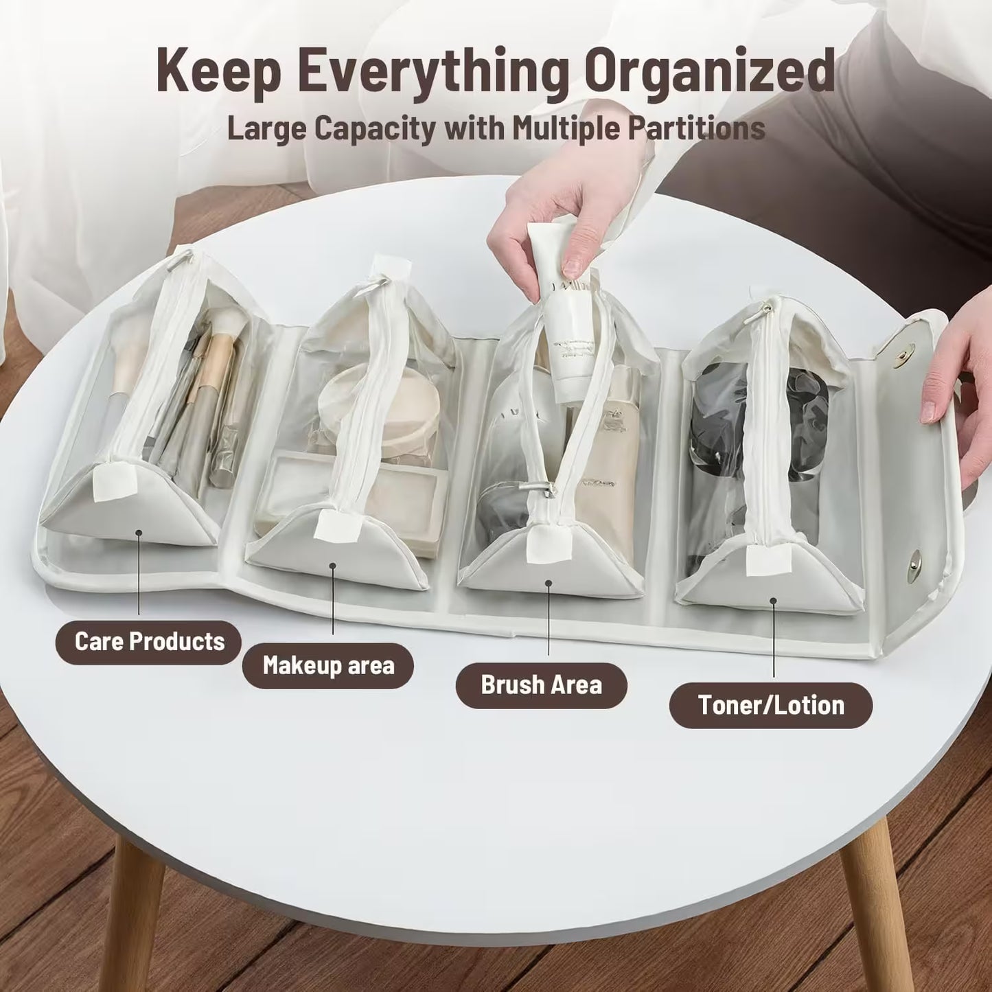 Organized beauty case with labeled compartments on a round table.