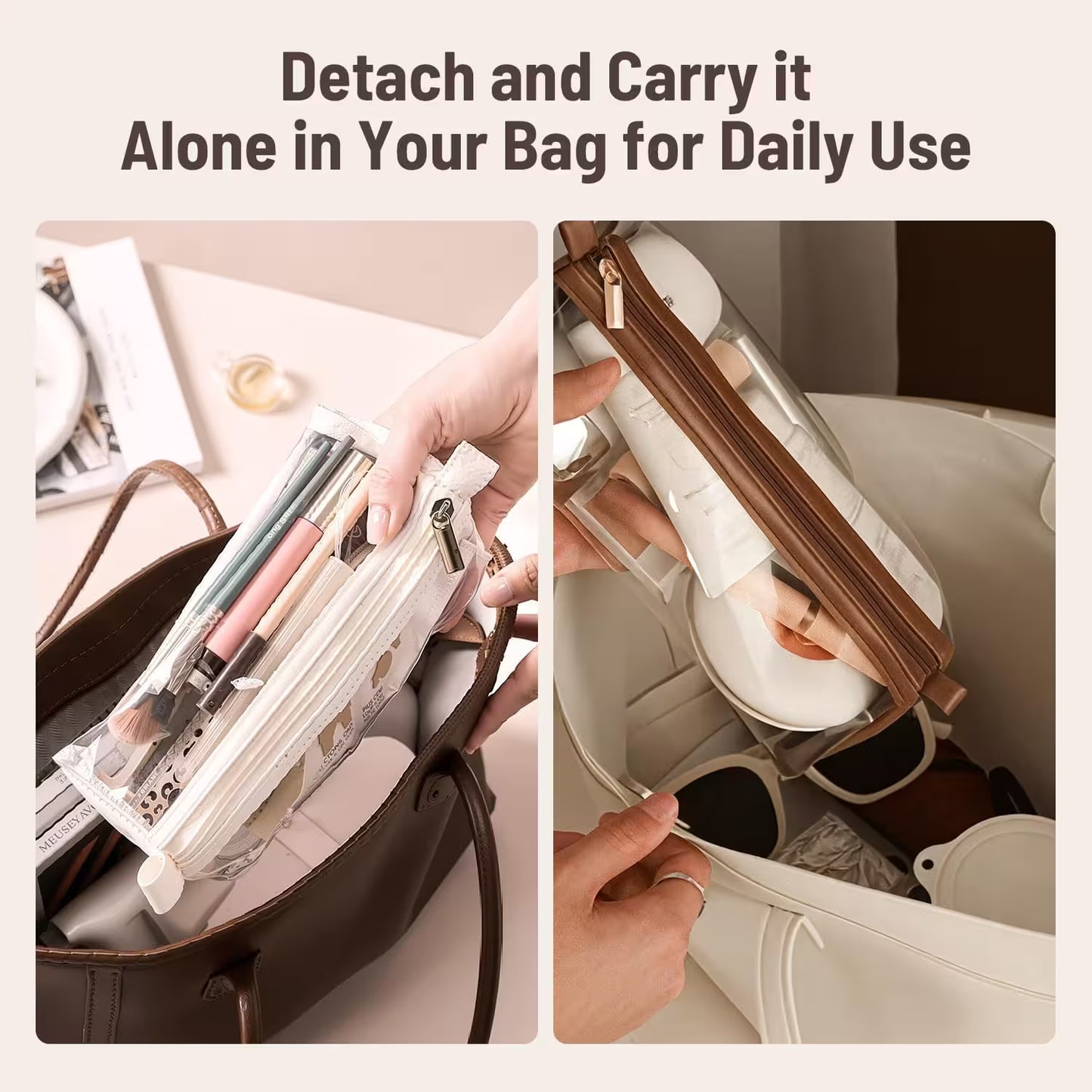 Product being detached and placed inside a bag with text 'Detach and Carry it Alone in Your Bag for Daily Use'.