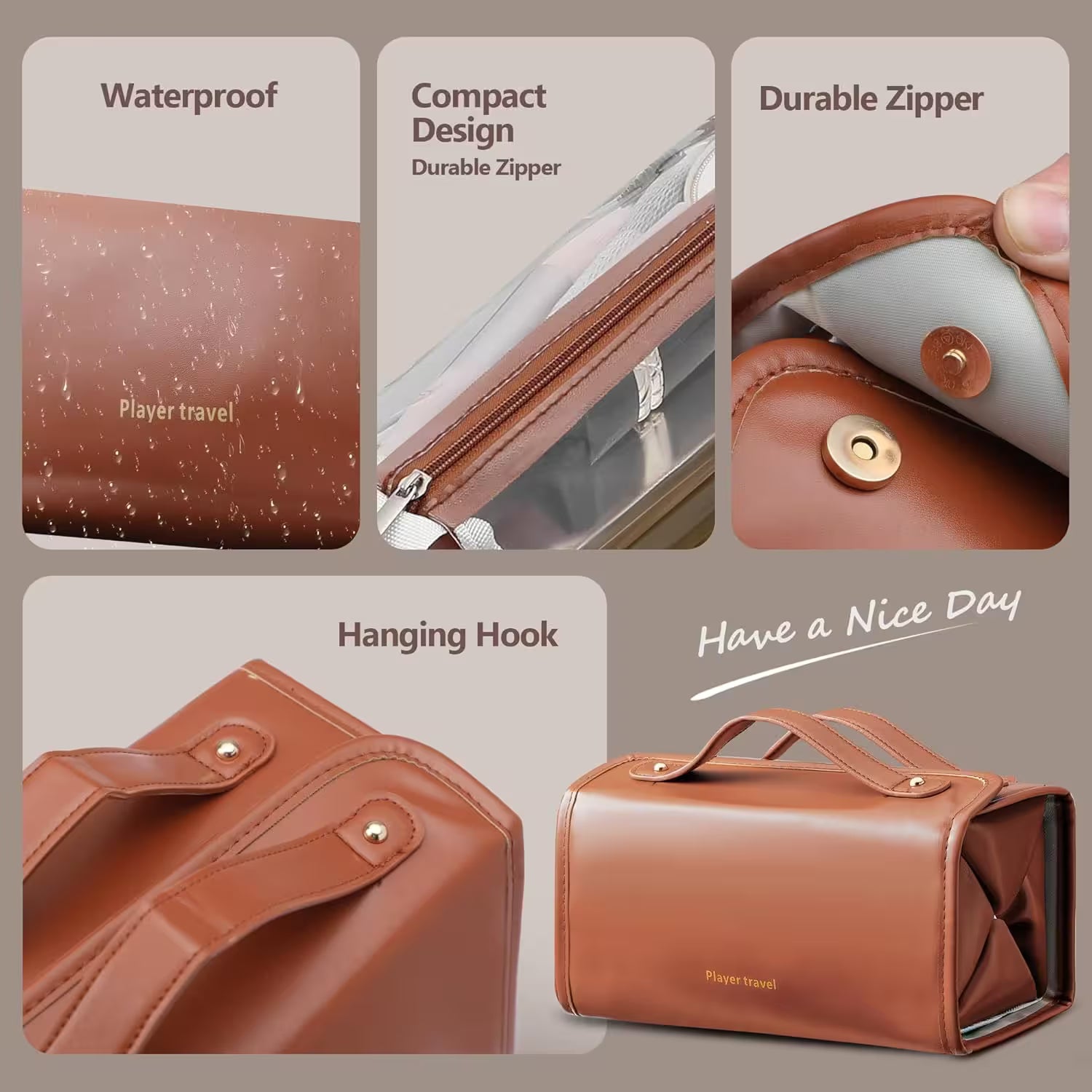 Collage of features of a brown toiletry bag including waterproof, compact design, durable zipper, and hanging hook.