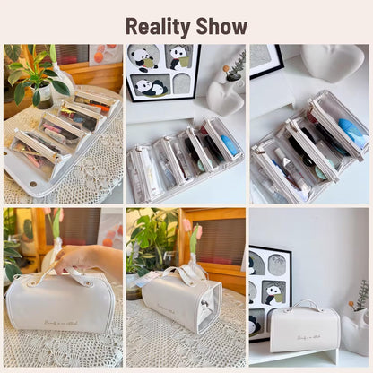 Collage of a beauty case with makeup items and a hand holding it, set against a neutral background.