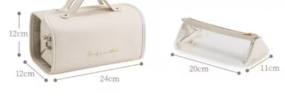 Measurement chart of a beige pet carrier with dimensions labeled.