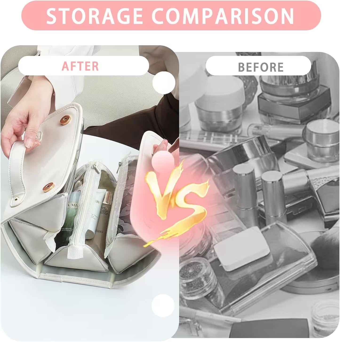 Storage comparison before and after using a compartmentalized bag with 'AFTER' and 'BEFORE' labels.