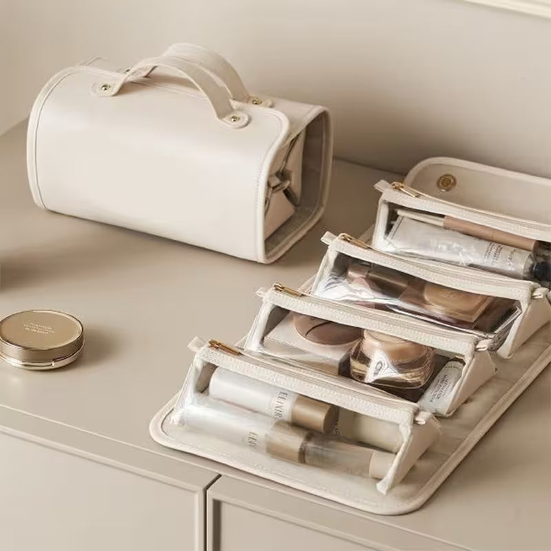 Makeup organizer with products on a light surface